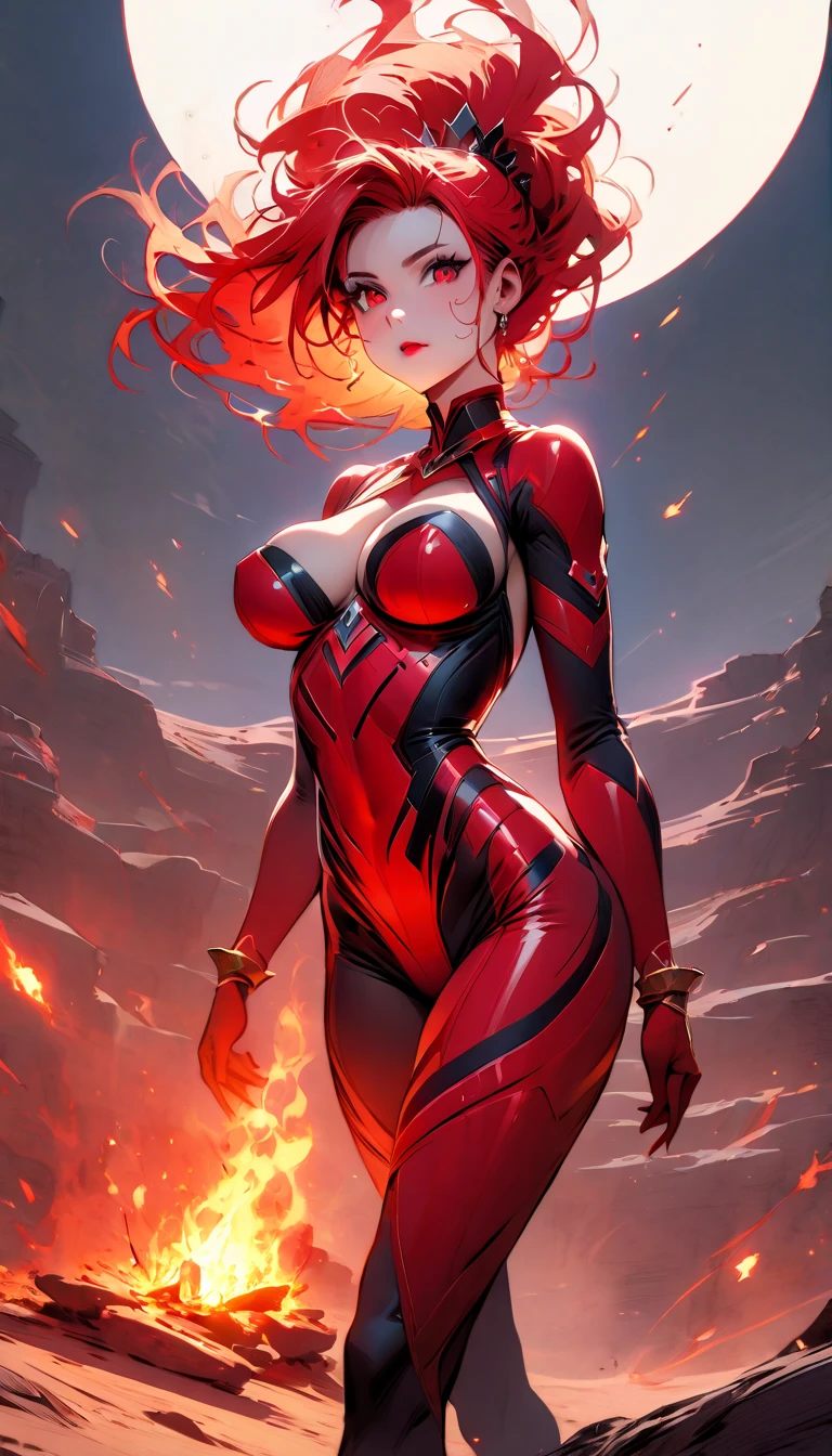 (fullbody), (graphic novel style, dark novel style, 2d:1.5),(anime), (masterpiece:1.4), (colourful, soft cinematic light:1.1), incredibly lifelike, Extremely high-resolution details, 8k, best quality,extremely detailed, contrast, 
desert, bonfire, night, sand, dunes,
red bracers on fire, red high heel boots on fire, strong wind from below upwards lifting fire hair up, woman surrounded by fire,
woman in a fire red bodysuit and red tiara surrounded by fire stand on bonfire, Nordic, Hourglass elongated body in fire, perfect Olive skin, Oval Face, Long neck, Rounded shoulders, M-shaped hairline, fire red curly Very long hair raised up from the wind, with a backcomb, snub nose, Monolid fire red Eyes, High Round Narrow Symmetrical cheekbones, Dimpled Cheeks, Rounded Chin, Rounded Jawline, Fine Puppet Wrinkles, Smooth Nasolabial Folds, Full red Lips, long eyelashes, long slim thin arms, long fingers on the hands, 
hourglass-shaped hips, fitness round ass, long slim fitness legs, hird breast size, Linear Hourglass-shaped abs, 