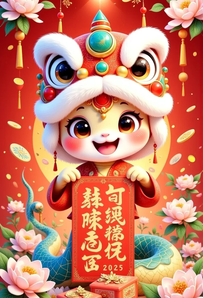 Cute Chinese snake with red gift boxes and calendar, golden text "Happy New Year 2025", light yellow plum blossoms, cartoon style, red background, New Year's atmosphere, graphic design poster art, bold lines, high-contrast shadows,  high resolution, super details, 8K