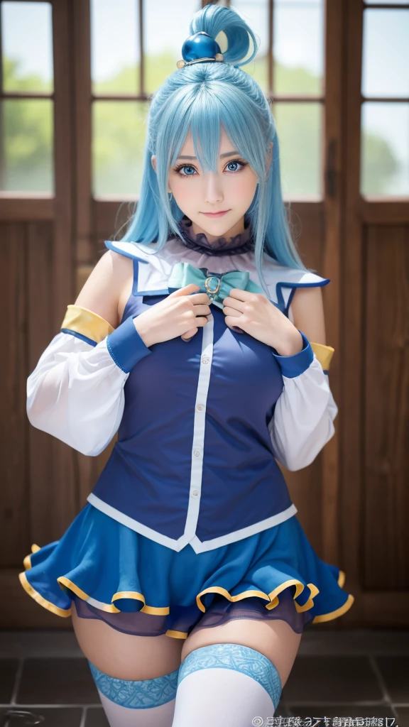  top quality , 8k,  super detailed ,  Photographically Faithful, Best lighting,  beautiful face, Best lighting,  beautiful face, Konosuba aqua, Light Blue, Beautiful Goddess, ( 1 girl:1.4), Black and blue outfit, White sleeves,  charming atmosphere, Water Magic:1.2 info 
