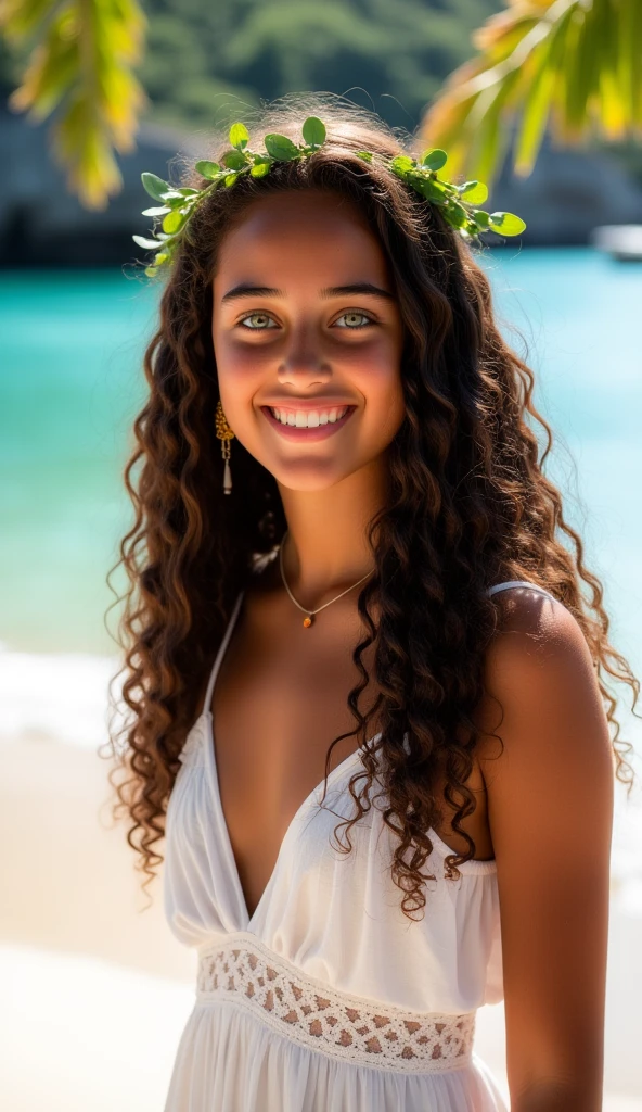 18 year old girl on a paradise beach, she has long curly brown hair and beautiful green eyes and not very fair skin, She is wearing a crown of leaves on her forehead, your cheeks are rosy and cute, your smile is passionate and happy, the lips are full and beautiful, she wears gold earrings, a thin white dress with flower details, and neck accessories. realisitic, detailded, qualidade maxima