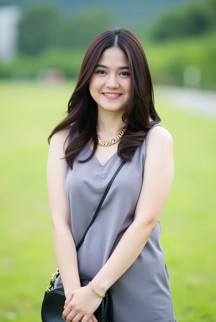 a young Asian woman with long dark brown hair stands in front of a blurred backdrop of a grassy field. She is wearing a gray sleeveless vest, a gold chain necklace, and a black purse. Her left arm is draped over her left shoulder, and her right hand is resting on her hip. She has a slight smile on her face, adding a pop of color to her face. The background is blurred, creating a soft focus on the woman.