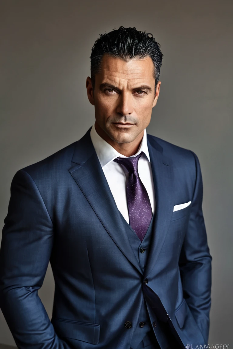 A hyper-realistic portrait of a very attractive 40-year-old man, exuding masculinity and power. He has a sharp, chiseled face with piercing eyes and a confident expression. His dark hair, touched with a hint of gray, adds an air of sophistication and maturity. He is impeccably dressed in a tailored suit that enhances his strong, broad shoulders and fit physique. The crisp lines of his attire and the subtle shine of his polished shoes reflect elegance and success. 