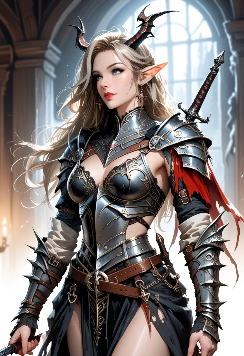 a close up of a woman in a costume with horns and a sword, armor girl, dark elf princess, pale black armor, stunning armor, 2.5 d cgi anime fantasy artwork, detailed fantasy art, epic fantasy art style hd, epic fantasy art style, wlop rossdraws, fantasy woman, beautiful armor, hyperdetailed fantasy character, rossdraws 1. 0