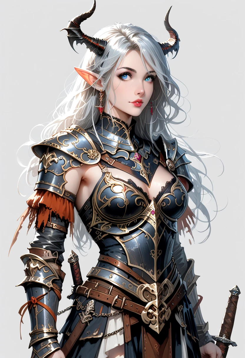 a close up of a woman in a costume with horns and a sword, armor girl, dark elf princess, pale black armor, stunning armor, 2.5 d cgi anime fantasy artwork, detailed fantasy art, epic fantasy art style hd, epic fantasy art style, wlop rossdraws, fantasy woman, beautiful armor, hyperdetailed fantasy character, rossdraws 1. 0