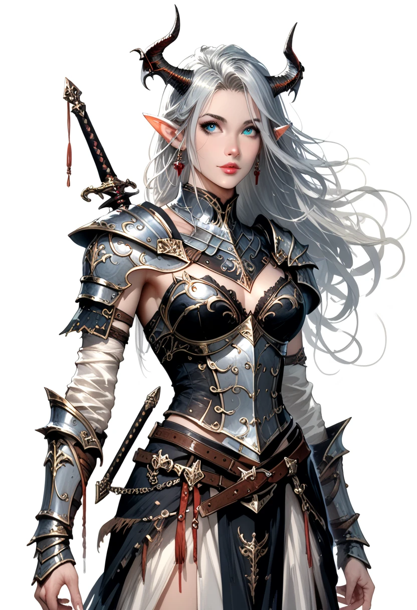 a close up of a woman in a costume with horns and a sword, armor girl, dark elf princess, pale black armor, stunning armor, 2.5 d cgi anime fantasy artwork, detailed fantasy art, epic fantasy art style hd, epic fantasy art style, wlop rossdraws, fantasy woman, beautiful armor, hyperdetailed fantasy character, rossdraws 1. 0