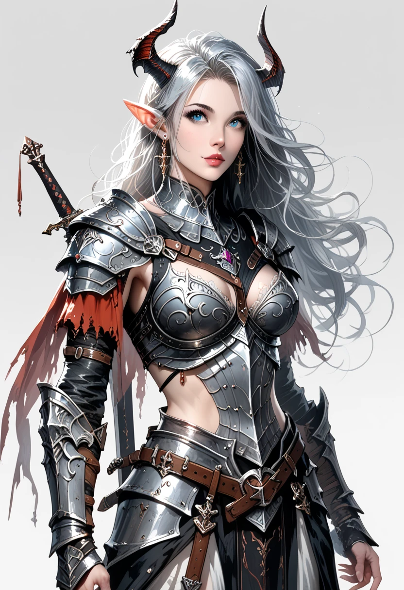 a close up of a woman in a costume with horns and a sword, armor girl, dark elf princess, pale black armor, stunning armor, 2.5 d cgi anime fantasy artwork, detailed fantasy art, epic fantasy art style hd, epic fantasy art style, wlop rossdraws, fantasy woman, beautiful armor, hyperdetailed fantasy character, rossdraws 1. 0