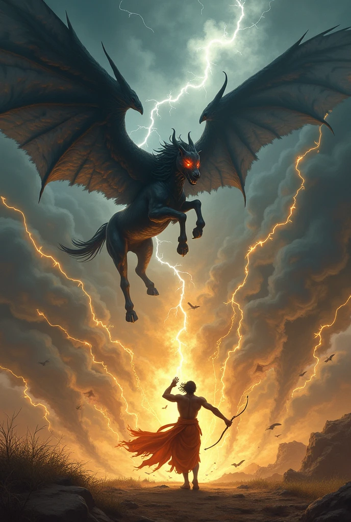A centaur, half man, half horse, fighting with a gargoyle with horns and large wings