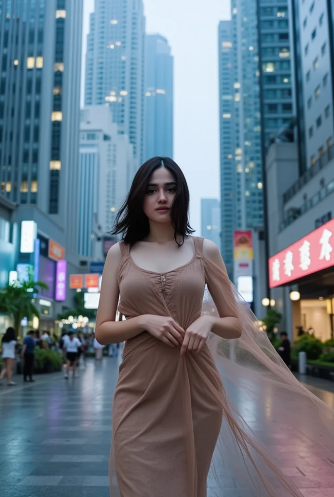 A stunning Asian woman, diaphanous flare dress billowing behind her, stands out amidst rain-soaked city streets on a drizzly day. Her slender figure is partially concealed by the flowing fabric as she navigates through the crowded pavement. Raindrops glisten on her hair, and her wet clothes cling to her physique in a tantalizing display of vulnerability. The urban landscape provides a stark backdrop for this vision of beauty and serenity: sleek skyscrapers rise above her, their reflective surfaces mirroring the rain-kissed pavement, while neon signs cast a warm glow across her face.