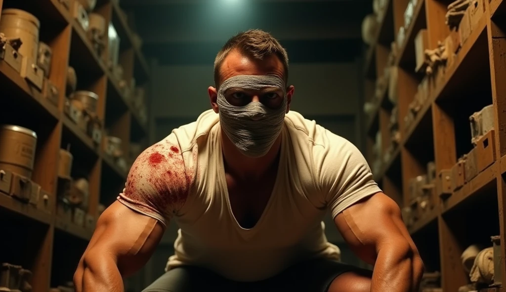 Hot, sweaty, beefy, shirtless dad on the bed with his hands tied up behind his head. He also has big, bushy, hairy armpits. Big cockhead bulge on his underwear. (He is also blindfolded with a cloth tied around his eyes, covering his eyes). (He also has a dad bod).