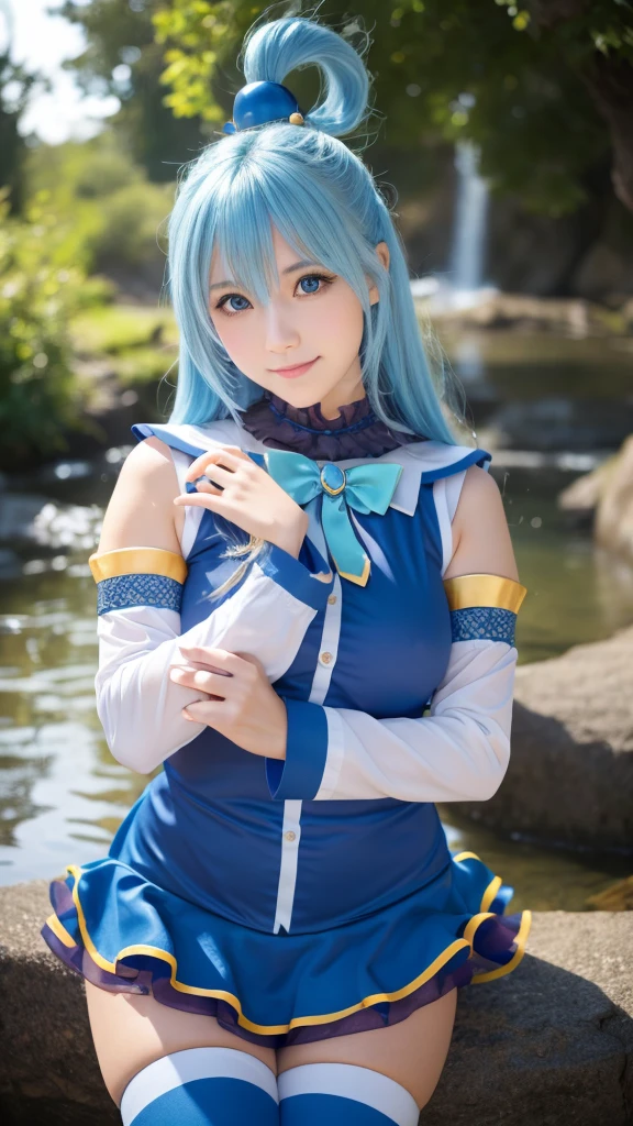  top quality , 8k,  super detailed ,  Photographically Faithful, Best lighting,  beautiful face, Best lighting,  beautiful face, Konosuba aqua, Light Blue, Beautiful Goddess, ( 1 girl:1.4), Black and blue outfit, White sleeves,  charming atmosphere, Water Magic:1.2 info 
