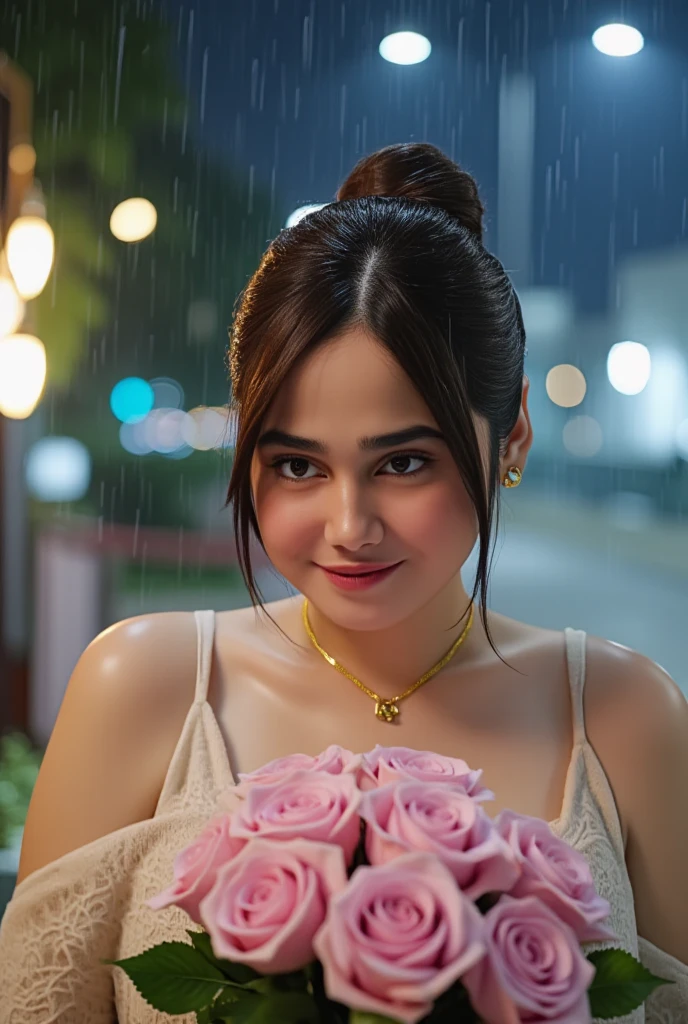 Capture a stunning, ultra-high-resolution (8K) masterpiece of a slim office lady, soaked in rain, standing in front of a modern city church at night under the heavy typhoon rain. Her fair skin glistens with water droplets as she holds a wet pink wedding dress bouquet. Her eyes, like beautiful blue sapphires, convey a sense of lovelorn longing (0.4) and intense pleasure (0.8). Her facial expression is a perfect blend of sadness (0.7) and eroticism (0.9), with a hint of bewitching charm (0.9). Framed by the cowboy shot composition, her wet hair drips water as she wears a see-through bra, revealing a medium-sized chest. Jewelry shines in the rain: a necklace, earrings, bracelet, and Christmas ornaments hang from a nearby tree. The dynamic composition creates visual harmony amidst the torrential downpour.,christmas ornaments