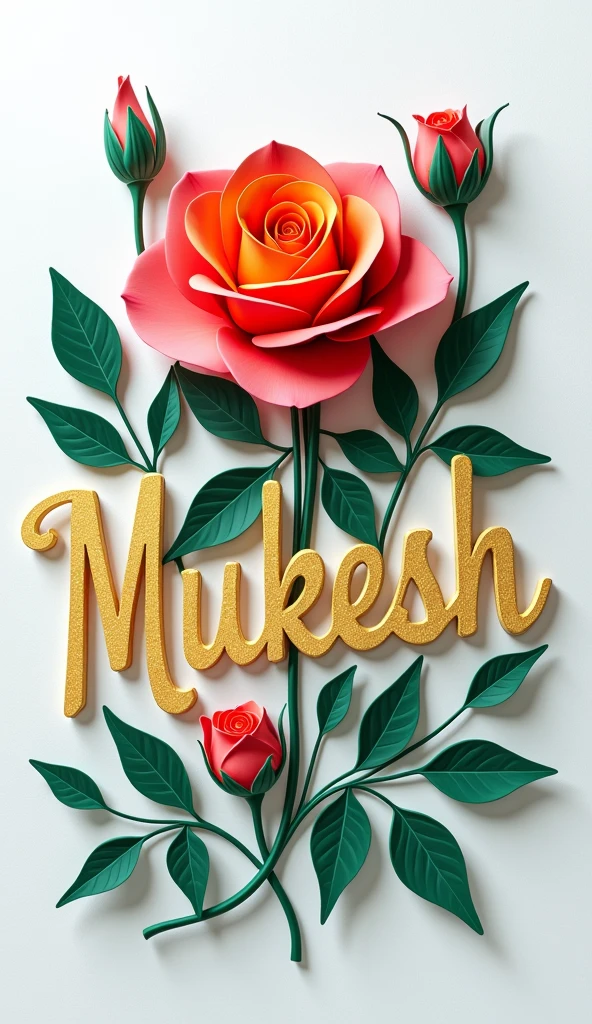 paper cut art - Create a high quality  Create an artistic composition featuring the golden word "Mukesh" crafted from natural elements. Incorporate a vibrant red,blue,pink,yellow,white colors of rose in the center, surrounded by green leaves and a curling vine on the left.. The background should be a soft, neutral color to emphasize the vividness of the flowers and rose leaf . The overall mood should be romantic and inviting, showcasing a blend of nature and leaf. , aesthetically pleasing vivid and vibrant colors, clean, pristine, liquid , white background