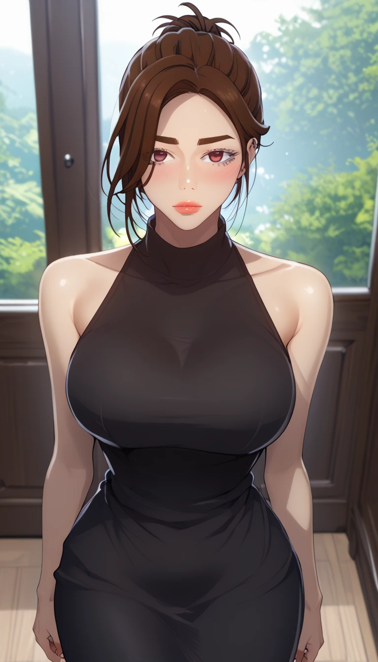 (masterpiece, best_quality:1.2), 1girl, solo, scdef, Webtoon Character) Aunt June [Jung Eun-ea] / 정은애 (Secret Class / 비밀수업), brown hair, mature female, short hair, single hair bun, (thick eyebrows:0.7), (black dress, sleeveless, long dress, pencil dress), large breast, wide hips, beautiful eyes, female focus, looking at viewer, close mouth, ((above view)) ((close up shot)) ((solo)), detailed, very high resolution, no blurry image, standing, beautiful, serene expression, intricate details, detailed background, indoors:1.3