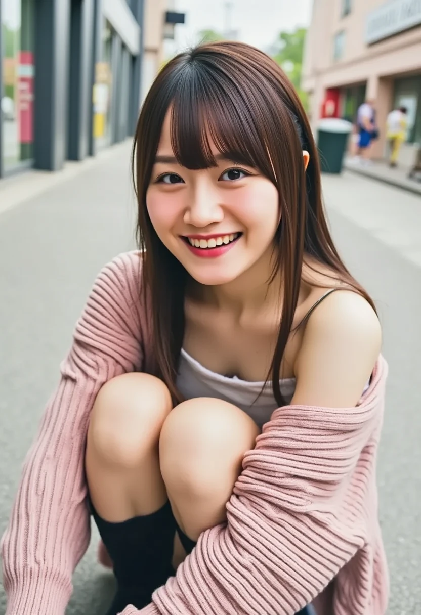 Photo taken by a professional photographer，Laughter:1.5，Close-up of a 30-year-old Japanese woman sitting on the sidewalk,   wearing a sweater , Short brown hair,  hair is disheveled， young and pretty girl,  Wear a Miniskirt:1.5， wearing stylish boots， fancy makeup with red eyeshadow ， can see their beautiful thighs，Crouching down with legs apart and facing forward:1.5，I see your black underwear:1.5，