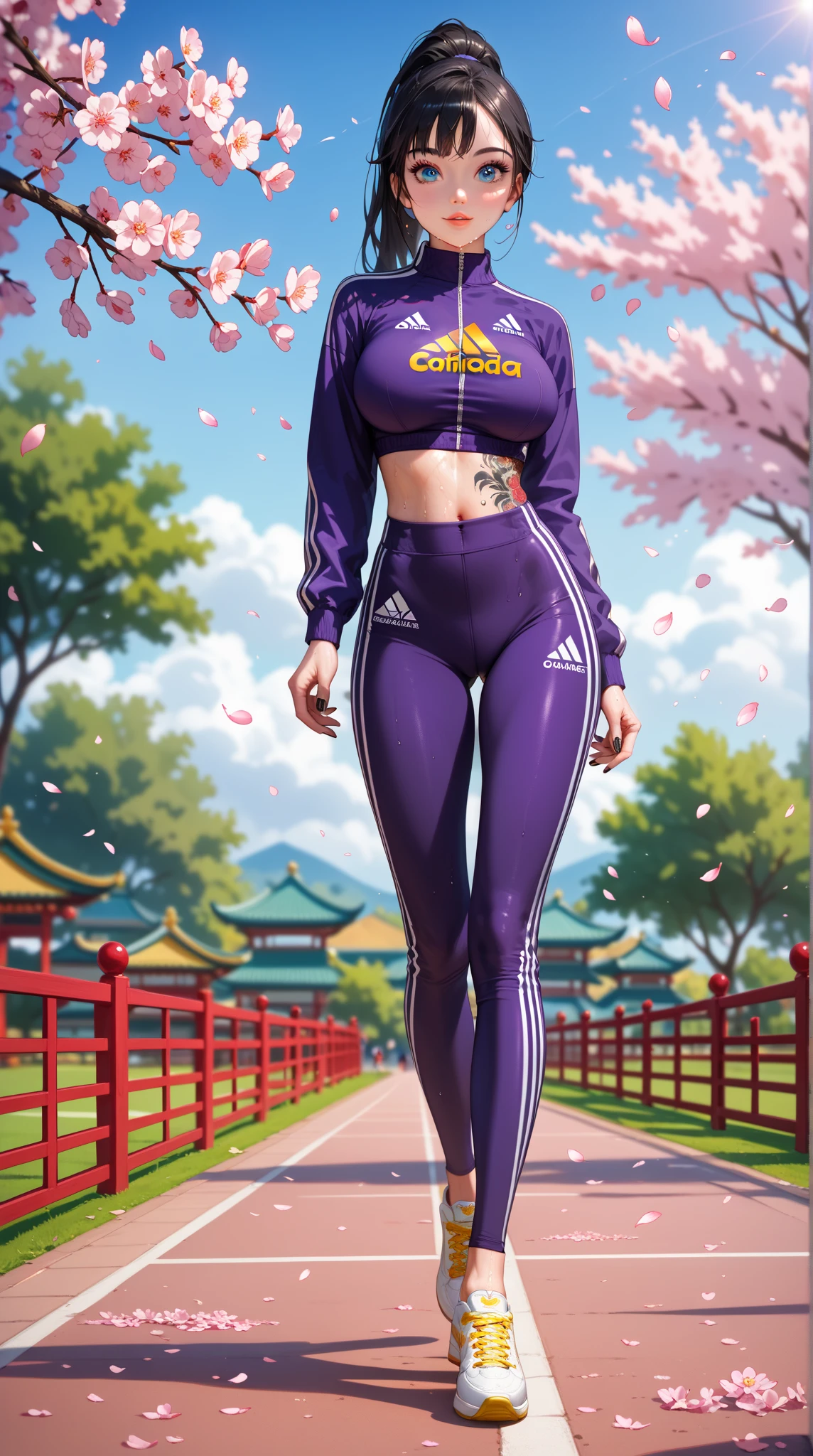  master works， Best Graphics ，Higher quality， high detail ，超高分辨率， Disney Style ， A Purple Sport Wear Top ， Purple Sports Pants ， Yellow Adidas Jogging Shoes ， Exquisite Cartoon Girl ，EXQUISITE BEAUTIFUL JAPANESE BABE， Bold Character Design ， Realistic Character Impression ，Wonderful ， Interactive Single Item Style ， Exquisite Brand Style ， walking in a park full of cherry blossoms ， Perfect lighting,  close up,   Aqua Blue Eyes , Tattoo,  Distinctive blue-black hair ，long hair，Straight Hair，Tied ponytail ，
 natural light,  Depth of writing boundaries ,  Browse Notes ,  Fine Hair ,  Elaborately drawn face ,  Delicate beauty , BEAUTIFUL CLAVICLE,  Slim and fit body ,  plump breasts ,
beautiful feet,  Beautiful Hands ,  See your audience ,  Face Focus, Highly delicate skin  ), 
 cute and symmetrical face ,  Young and slender face ,  perfect eyes , （（ Sweaty skin ））， black nails ，（ You can clearly see the sunburned lines），（sunburned skin ）、（（ oily skin ））、（steam）， Perfect Slim Body ，Big Breasts，Depth of Field，panoramic，Full body shot，