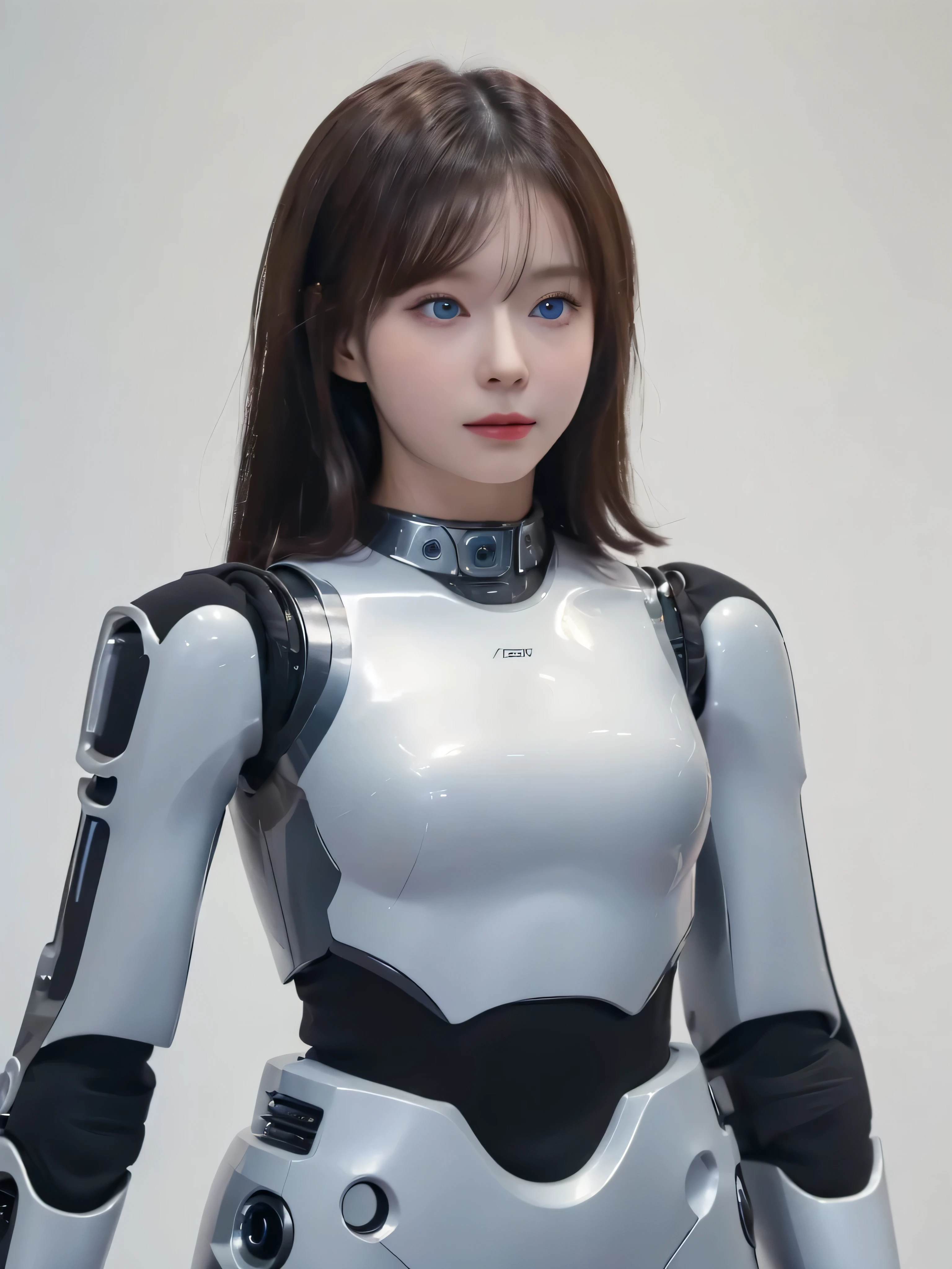 masterpiece, best quality, extremely detailed, (8K, 4K, Best Quality, hight resolution, 超A high resolution:1.1), 8K portrait,1girl in, Japaese android girl,android teacher,Plump , control panels,android,Droid,Mechanical Hand, ,Robot arms and legs, Black hair,Mechanical body,Blunt bangs,White Robotics Parts,perfect robot woman,Charging spot,Long Tube,A thick cable was connected to her neck,ceramic body ,android,robot humanoid,a bit chubby,panty,full eyes,perfect mechanical body,white robotics body,future assembly plant,white body,She has repaired,black sponge joints,android assembly plant,android,laboratory,perfect machine body,white robot body, body by hrp-4c, face by aespa winter, blue eyes, sharp face shape, 20 years old