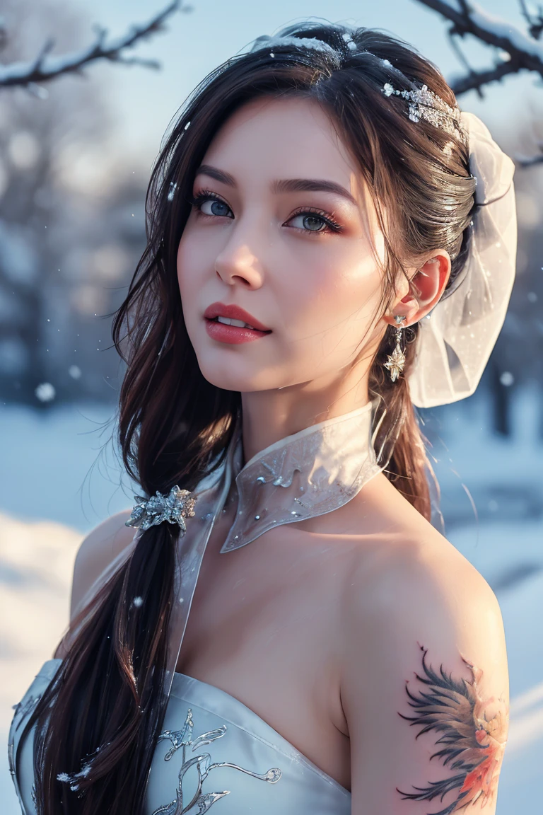 ((Waist shot)), (front view, Looking at viewer), dressed, (photo realistic:1.4), (hyper realistic:1.4), (realistic:1.3), (smoother lighting:1.05), (increase cinematic lighting quality:0.9), 32K, 1girl(Princess Elsa, extremely beautiful, Russian Supermodel), young 20yo girl, hair scarf, long ponytail, Sleek hair, realistic lighting, backlighting, light on face, ray trace, (brightening light:1.2), (Increase quality:1.4), (best quality real texture skin:1.4), finely detailed eyes, finely detailed face, finely quality eyes, (seductive and satisfied:0.0), extremely wet, ((full body ancient phoenix tattoo, extremely transparent white wedding Cheongsam, fully torn)), see through, listens to music with headphones, (Increase body line mood:1.1), (Increase skin texture beauty:1.1),
Generate hyper realistic image of a woman standing in the snow. She has long brown hair flowing over her shoulders, face veil, and her hair is pulled back in a ponytail. Her figure is athletic and curvy, with an hourglass shape. She smiles gently while looking directly at the viewer. Snow-covered trees form a scenic backdrop, with their branches heavy with snow. The sky is pale blue, with wispy clouds scattered across it. The ground is blanketed in fresh snow, creating a serene winter atmosphere, realistic art, wet body, sexy,