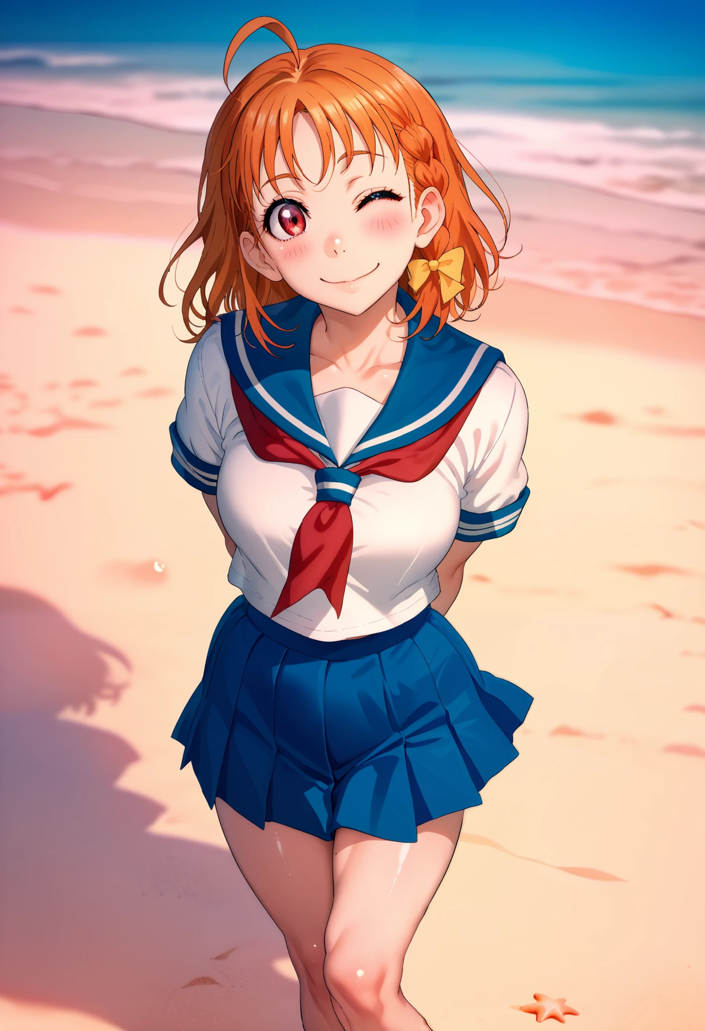 1girl, takami chika, medium hair, orange hair, standing, sporty athletic build, sharp lines, vibrant colors, breasts outlines, (sexualized:1.3), RUKIA Style, shiny skin, ahoge, blush, braid, blue sailor collar, blue skirt, looking at viewer, red eyes, red neckerchief, sailor collar, serafuku, shirt, short sleeves, side braid, smile, solo, split mouth, summer uniform, uranohoshi school uniform, white shirt, yellow bow, standing on beach, playful pose, light breeze, flowing hair,  beach setting,arms behind back,one eye closed