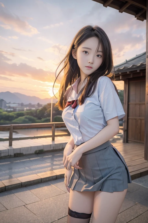 1 persons,15yo student,Small,Smile,Sailor School Uniform, On the way to school,(Aperture value F22,15mm value,ISO100 setting),
​masterpiece,Best Quality,8K picture quality,Raw photo,Professional Photography,Professional Lighting,close up of face,Against the background of Japanese houses and rural scenery,(mountain fuji on the background:1),((Hair swaying in the wind)),(Sunset:1.5),No underwear,no-bra,Panties,Skirt flipping in the wind,