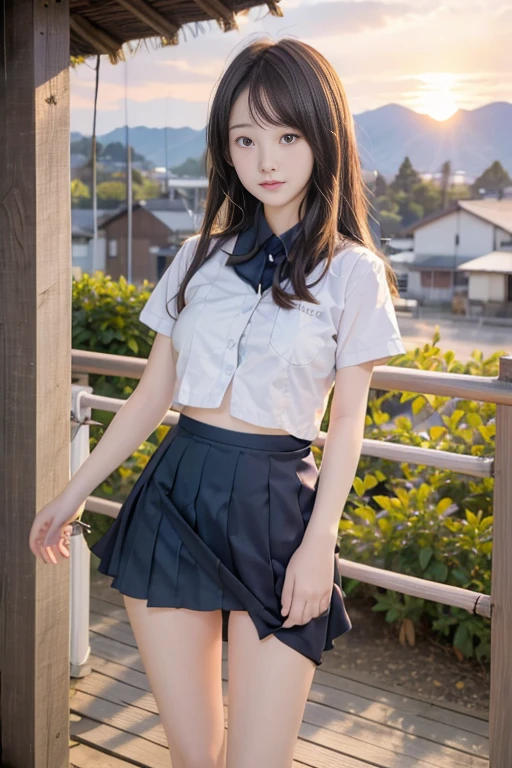 1 persons,,Small,Smile,Sailor School Uniform, On the way to school,(Aperture value F22,15mm value,ISO100 setting),
​masterpiece,Best Quality,8K picture quality,Raw photo,Professional Photography,Professional Lighting,close up of face,Against the background of Japanese houses and rural scenery,(mountain fuji on the background:1),((Hair swaying in the wind)),(Sunset:1.5),No underwear,no-bra,Panties,Skirt flipping in the wind,