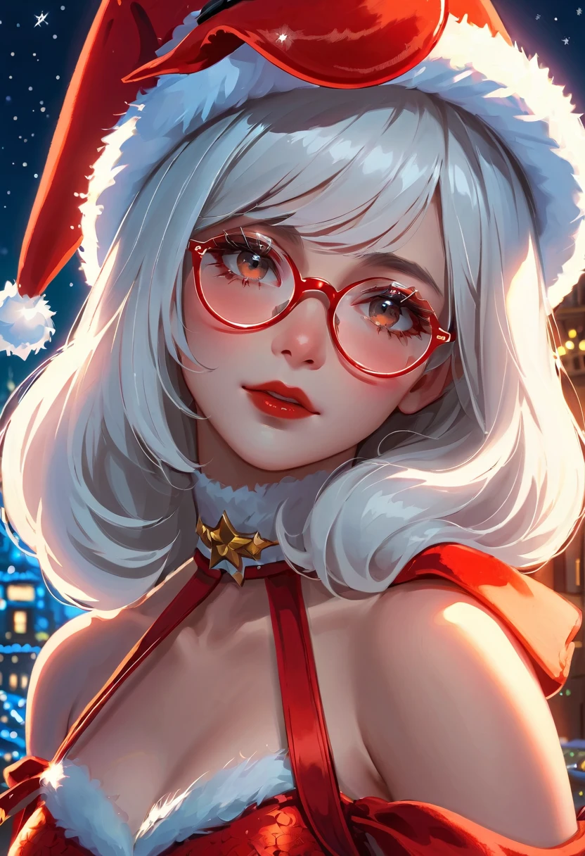 Christmas，Santa hat, 1 Girl, Beautiful Face, collar,Bare shoulders, White hair, (High Saturation), neon lights, Night City, bespectacled, rococo style, Chiaroscuro, depth of field, sparkle, ray tracing, reflection light, projected inset, cowboy shot, masterpiece, Best Quality, illustration,accurate, award winning