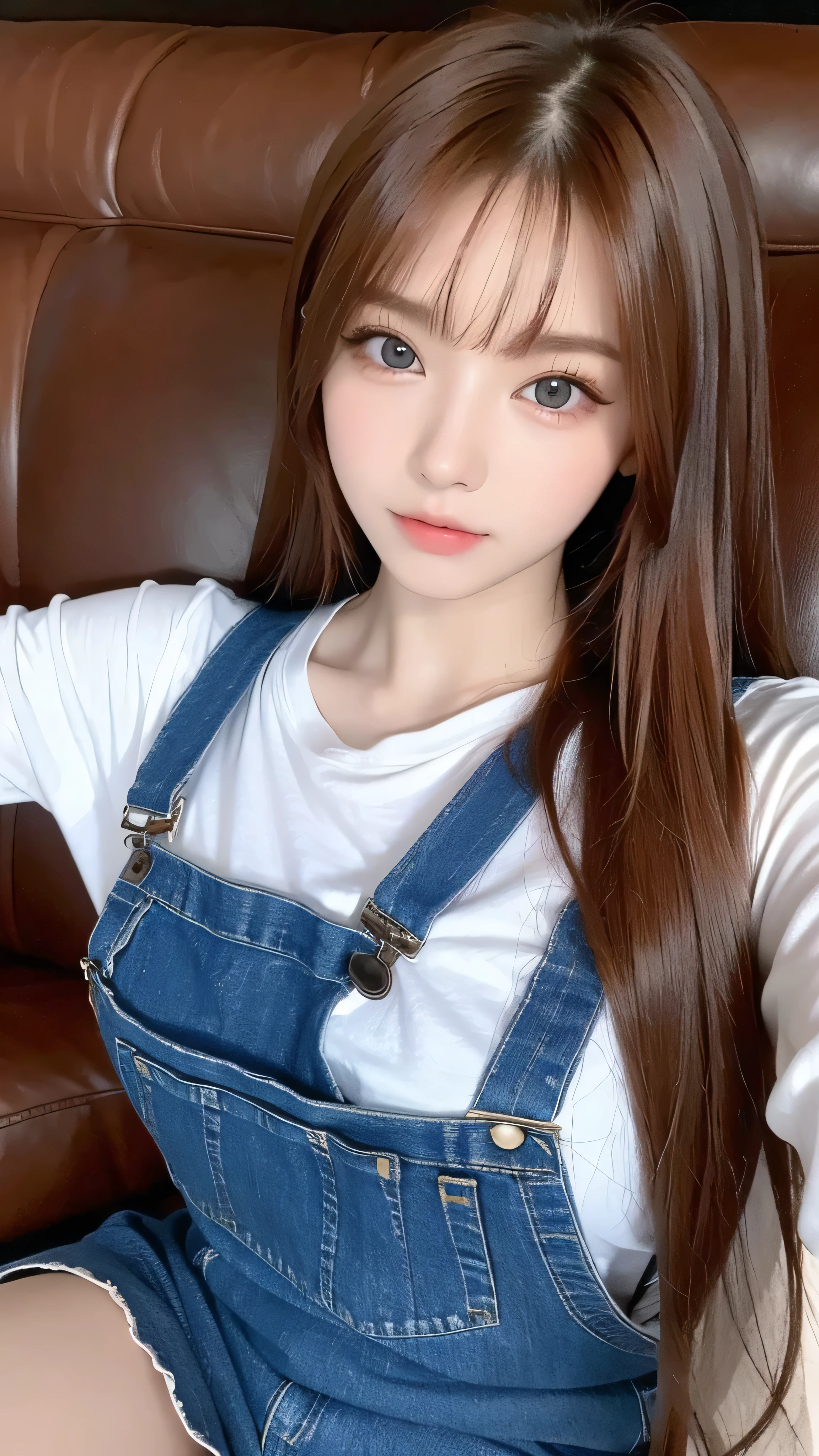  in high-definition images，+masterpiece,  top quality,  super detailed ,   high school girl,  beautiful face,  rich details , (Long Chestnut Hair),  perfect face,  overalls ,  sitting, close-up, Shabby sofa