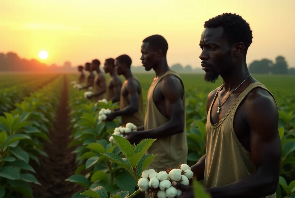 A large farm in rural Georgia, USA in the 1930s, black workers working in the cotton fields from early morning, the morning sun shining on them, painting them in backlight, painted in sepia tones, depicting the melancholy of the black workers working silently, a work of art, sophisticated design, advanced lighting technology, live-action photo 8K quality