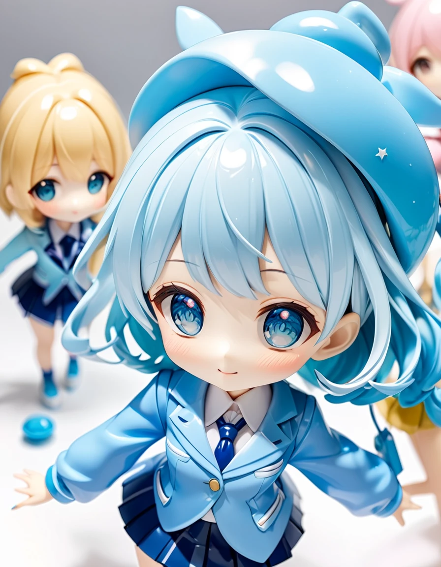 a close up of a person in a blue jacket and skirt, magical school student uniform, anime vtuber full body model, chiho aoshima color scheme, close up iwakura lain, good smile company anime style, teal uniform, anime barbie doll, aya takano color style, anime figure, anime action figure, anime pvc figure, ( highly detailed figure ). blurry light particles