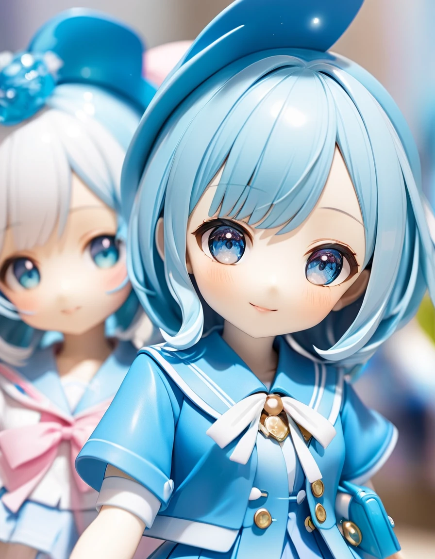 a close up of a person in a blue jacket and skirt, magical school student uniform, anime vtuber full body model, chiho aoshima color scheme, close up iwakura lain, good smile company anime style, teal uniform, anime barbie doll, aya takano color style, anime figure, anime action figure, anime pvc figure, ( highly detailed figure ). blurry light particles