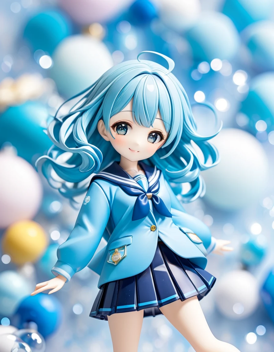 a close up of a person in a blue jacket and skirt, magical school student uniform, anime vtuber full body model, chiho aoshima color scheme, close up iwakura lain, good smile company anime style, teal uniform, anime barbie doll, aya takano color style, anime figure, anime action figure, anime pvc figure, ( highly detailed figure ). blurry light particles