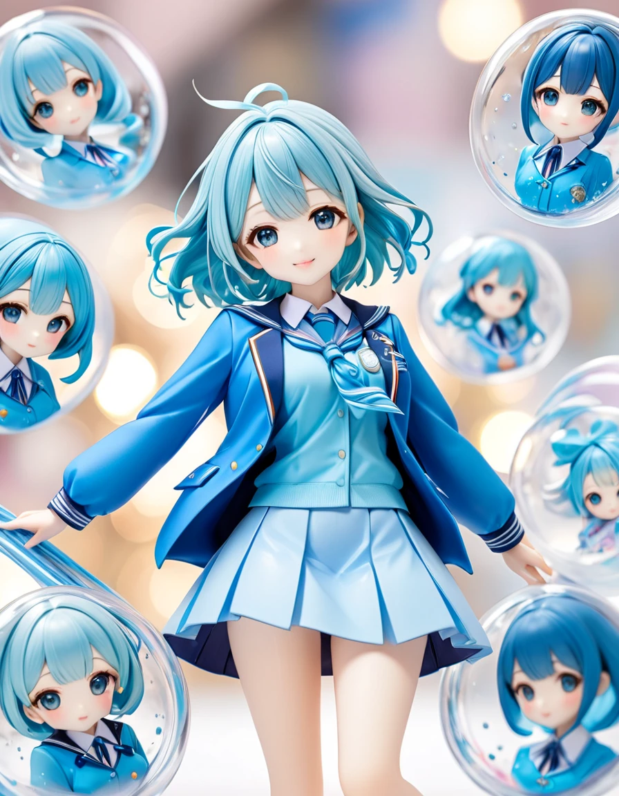 a close up of a person in a blue jacket and skirt, magical school student uniform, anime vtuber full body model, chiho aoshima color scheme, close up iwakura lain, good smile company anime style, teal uniform, anime barbie doll, aya takano color style, anime figure, anime action figure, anime pvc figure, ( highly detailed figure ). blurry light particles