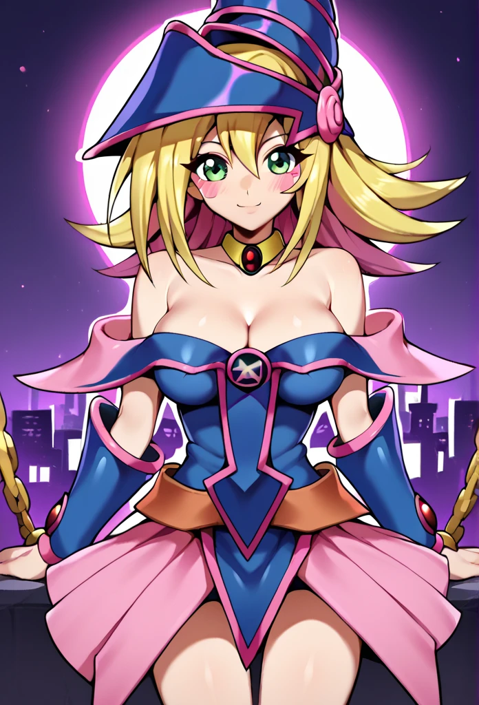 score_9_up, score_8_up, score_7_up,score_6_up, score_5_up, score_4_up , 1girl, solo, twoheads, 2heads, conjoined, ((2 different hairstyles)), dark magician girl, blonde hair, choker, green eyes, long hair, blush, blush stickers,, bare shoulders, blush, blush stickers, cleavage, collarbone, duel monster, hat, off shoulder, pentacle, wizard hat,, gagaga girl, blonde hair, pink eyes, short hair, chain, detached sleeves, duel monster, hat, skirt, skull, witch hat, wizard hat, bare shoulders, flirting, cowboy shot, city background