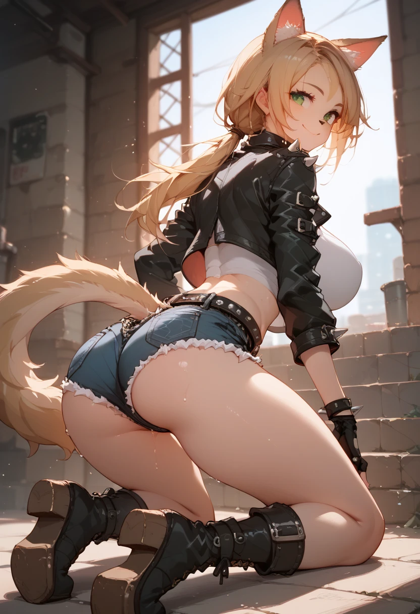 score_9, score_8_up, score_7_up, score_6_up, score_5_up, score_4_up, Highest quality、masterpiece、(Turn around and look back)、Professional Lighting、Detailed Background、coastal、Full Body、1 female、large breasts、small Ass、small thighs、smile、Close your mouth、(Sweaty skin)、(Ass View)、focus crotch, Walk on all fours,
BREAK
furry female, animal ears, tail, blonde and black hair, green eyes, long hair, low ponytail, fingerless gloves, belt, jacket, shorts, crop top, denim shorts, spikes, navel, black jacket, boots