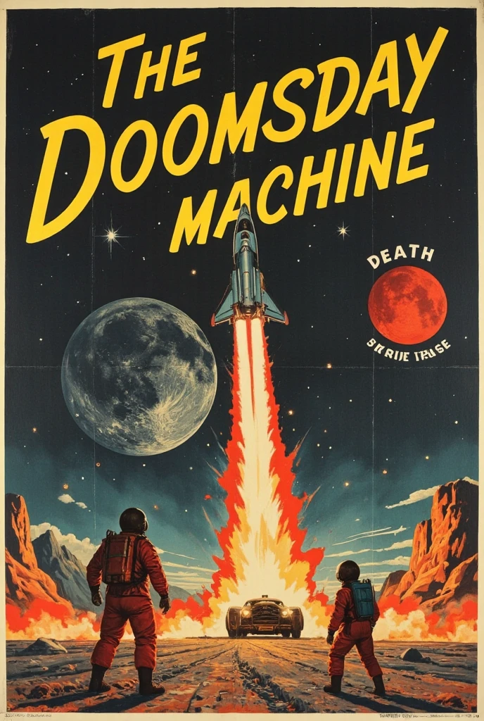 Subject: A vintage-style science fiction rocketship emitting a bright red exhaust trail, flying through a starry outer space scene. The scene includes a black-and-white textured moon and a red planetary body in the background. Two astronauts, dressed in vintage red space suits with helmets, stand at the bottom foreground, gazing upward at the rocketship. The retro, comic-style typography of "The Doomsday Machine" and additional text elements like "Death in Space" appear prominently in the scene.

Style: 1950s Black-and-White Sci-Fi Movie Poster with vibrant and dramatic composition elements.

Photography Style: Vintage lithographic poster art.

Lighting: Bright highlights and contrasting shadows evoke the dramatic tension of retro space exploration.

Format: Illustration poster shot with surreal high-definition rendering techniques for 16K resolution.

Camera Settings: Fisheye lens simulation to slightly distort the composition and create a surreal cinematic effect.

Art Style Reference: Inspired by 1950s Sci-Fi Movie Poster styles