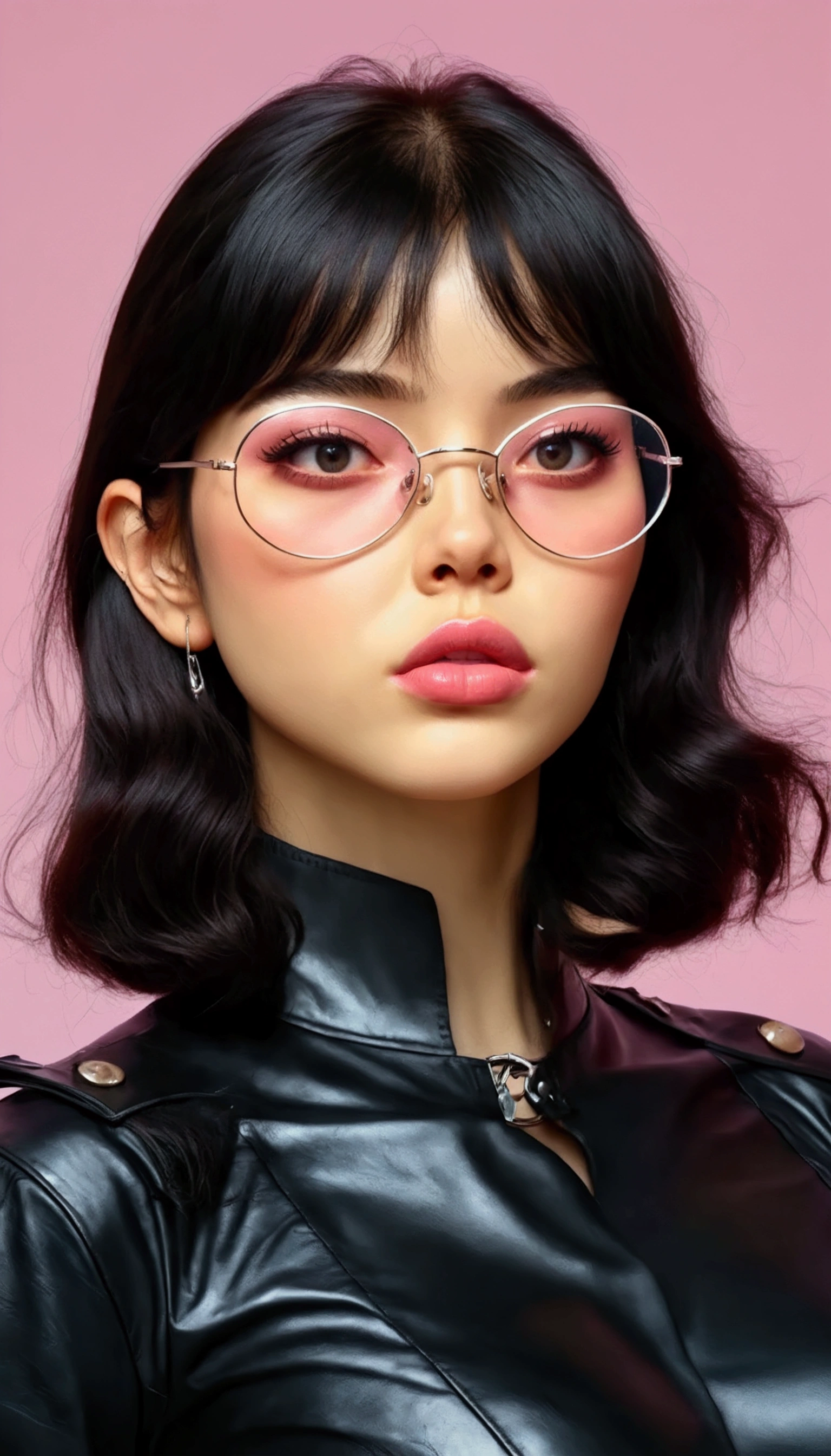 a woman in a black leather outfit with an open chest, thick lips, gafas rosadas abrazando a un gato blanco y peludo:1.3, depressed expression, 20 years old, long black hair, rosy cheeks, pink lips, long straight hair with bangs, simple background, (best quality,4k,8k,highres,masterpiece:1.2),ultra-detailed,(realistic,photorealistic,photo-realistic:1.37),studio lighting,extreme detail description,vivid colors,portrait