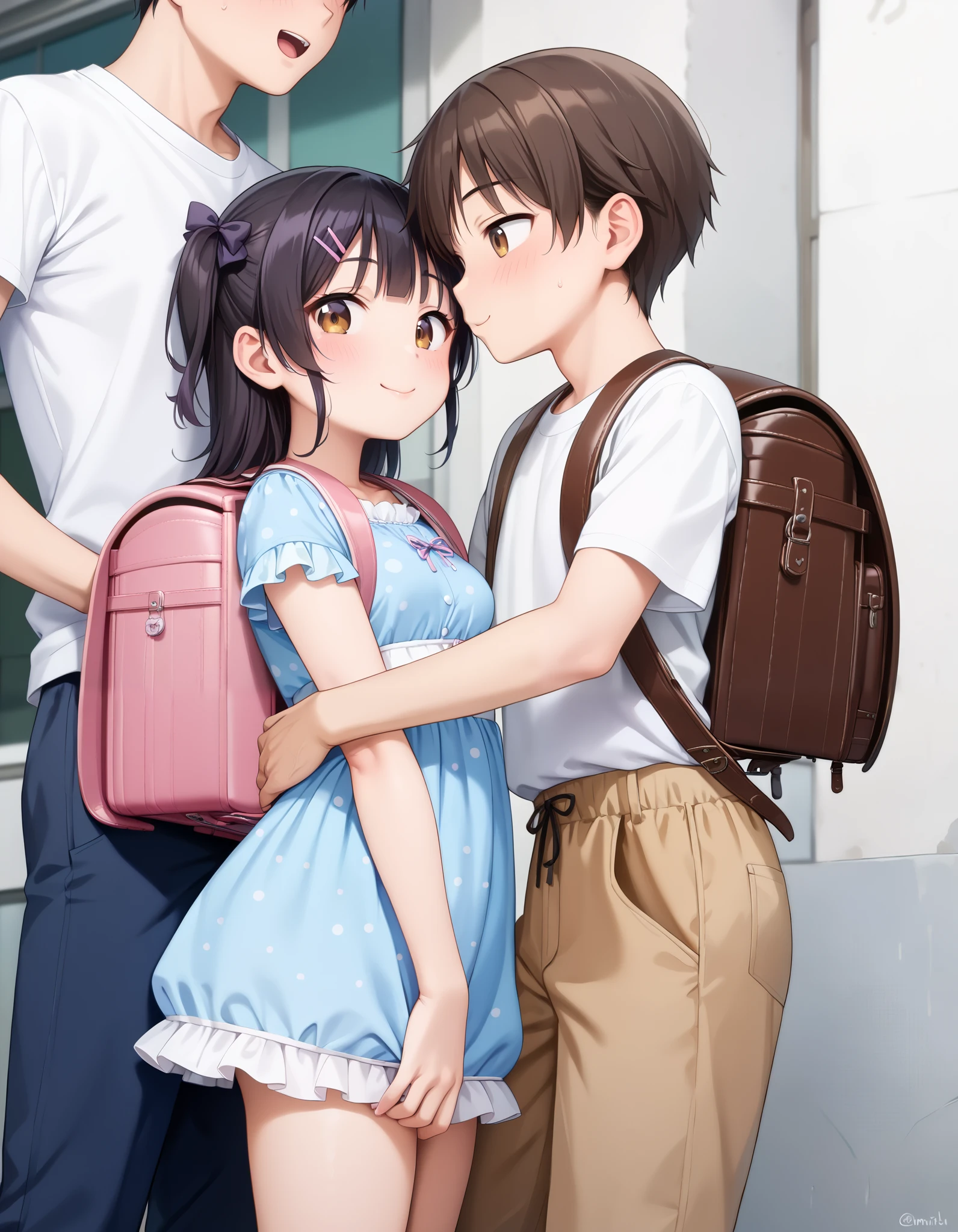 Masterpiece, hd, 2d, anime, couple, different body height, 2 persons, ((1boy, tall body, Asian boy, cute kawaii boy, black straight hair and brown eyes, wearing black backpack, wearing wt-shirt, shortpants)), ((1girl,(l1ttlegirl), short body, Slender body, small breasts, thing leg, Asian girl, kawaii portrait, cute kawaii girl, short girl, short body height, (l0li in dress), black twintail hair and brown eyes, wearing red backpack, wearing party dress)), wearing casual clothes,smile,  standing, outdoor, , looking at viewer