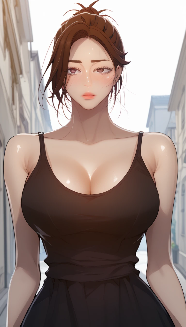 (masterpiece, best_quality:1.2), 1girl, solo, scdef, Jung Eun-ea, brown hair, mature female, short hair, single hair bun, (thick eyebrows:0.7), (black dress tank top), large breast, cleavage, beautiful eyes, close mouth