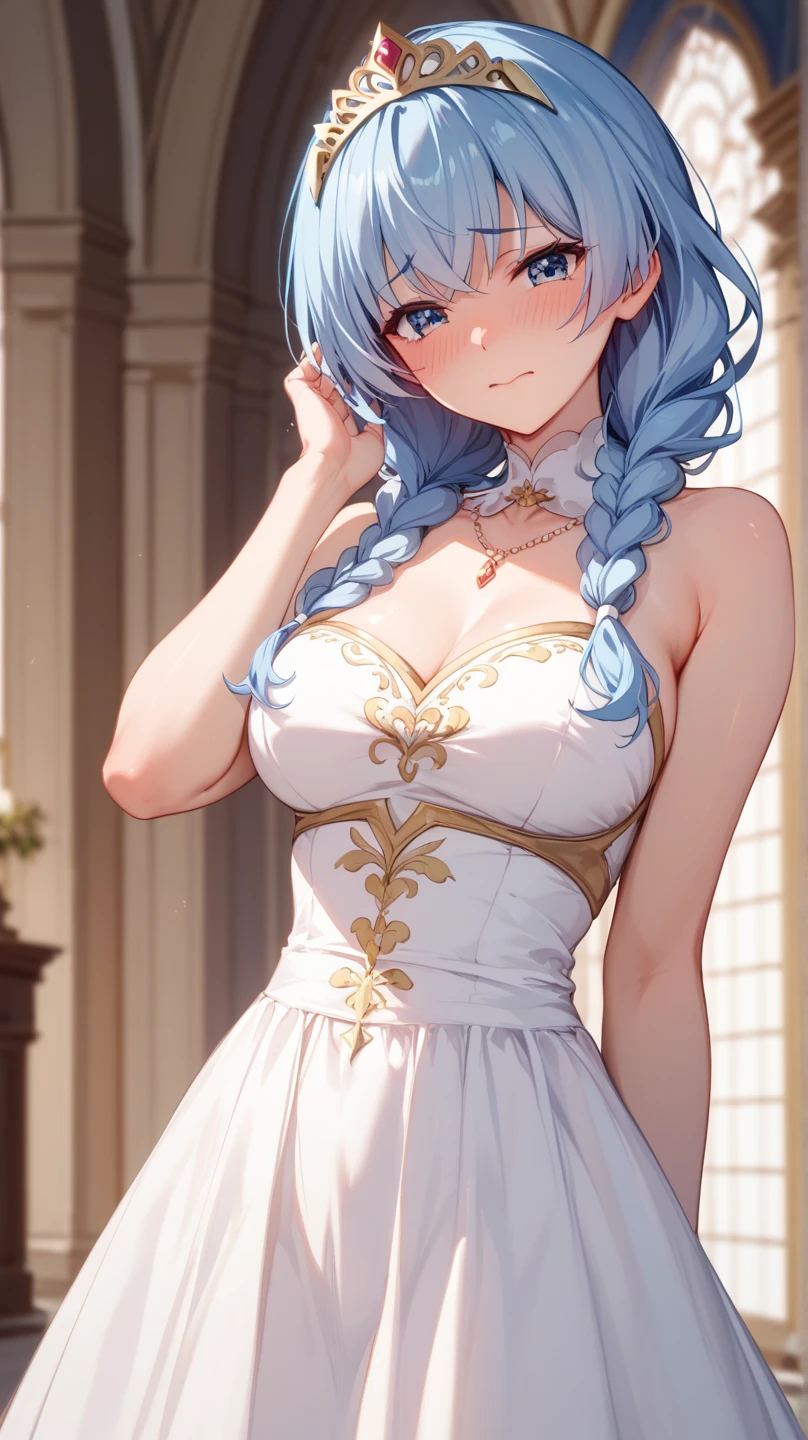 4K quality、 High Quality 、 high definition、 detailed details、(Himeragi Yukina)、 light blue hair 、Low position braids、 blue eyes、輝く瞳、 textured skin、 long white dress 、 shiny dress 、Golden embroidery、Fits your body、 tiara 、 standing、front、 from before、blush、Embarrassed、NSFW、