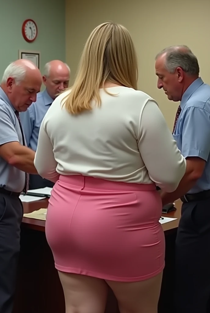 Fat Blonde bbw size 16 Female manager camera to side in short pink skirt and whi - SeaArt AI