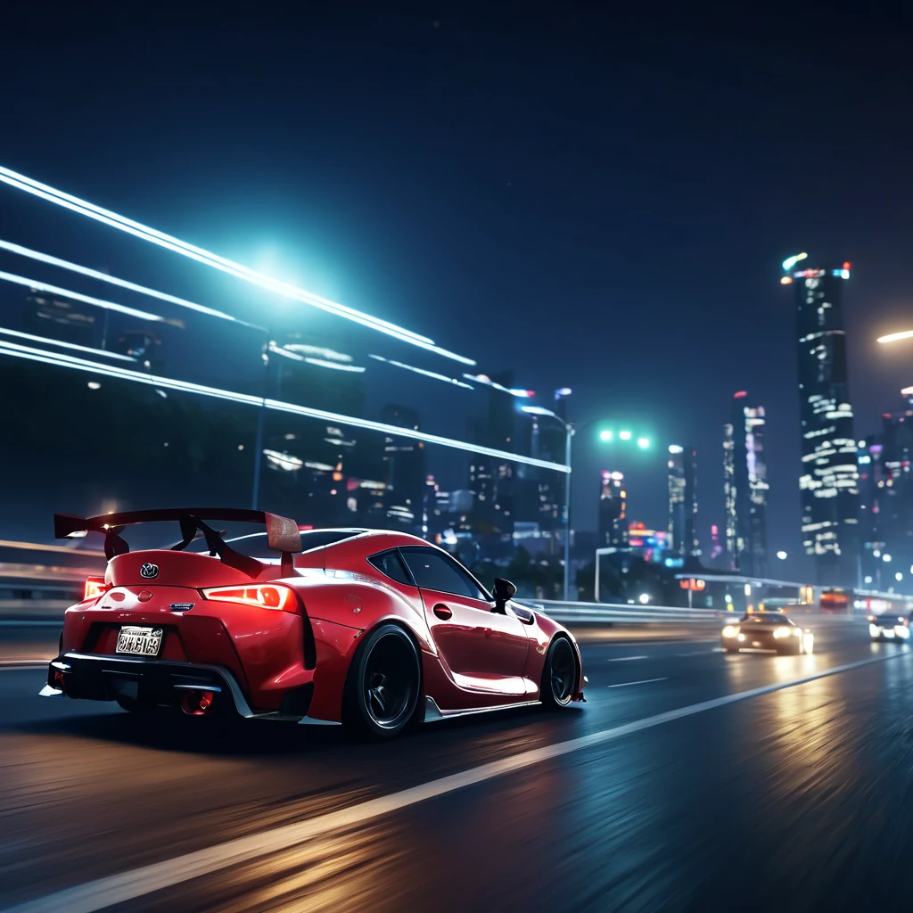 arafed car driving on a highway in a city at night, video game screenshot>, car drifting, drifting around a corner, action scene screenshot, pc screenshot, toyota supra, interior gameplay screenshot, life simulator game screenshot, gameplay still, realistic unreal engine 3 d game, drifting, in - game screen shot, game screenshot. blurry light particles