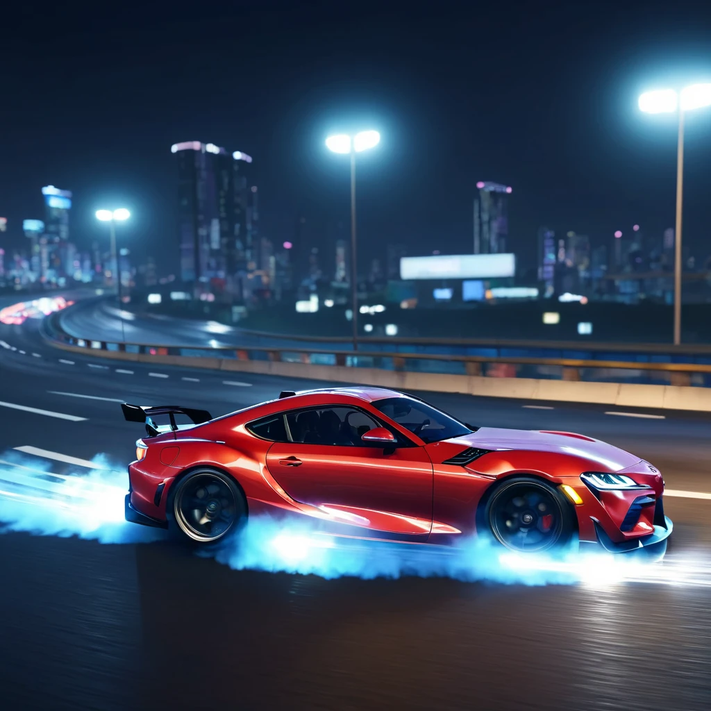 arafed car driving on a highway in a city at night, video game screenshot>, car drifting, drifting around a corner, action scene screenshot, pc screenshot, toyota supra, interior gameplay screenshot, life simulator game screenshot, gameplay still, realistic unreal engine 3 d game, drifting, in - game screen shot, game screenshot. blurry light particles