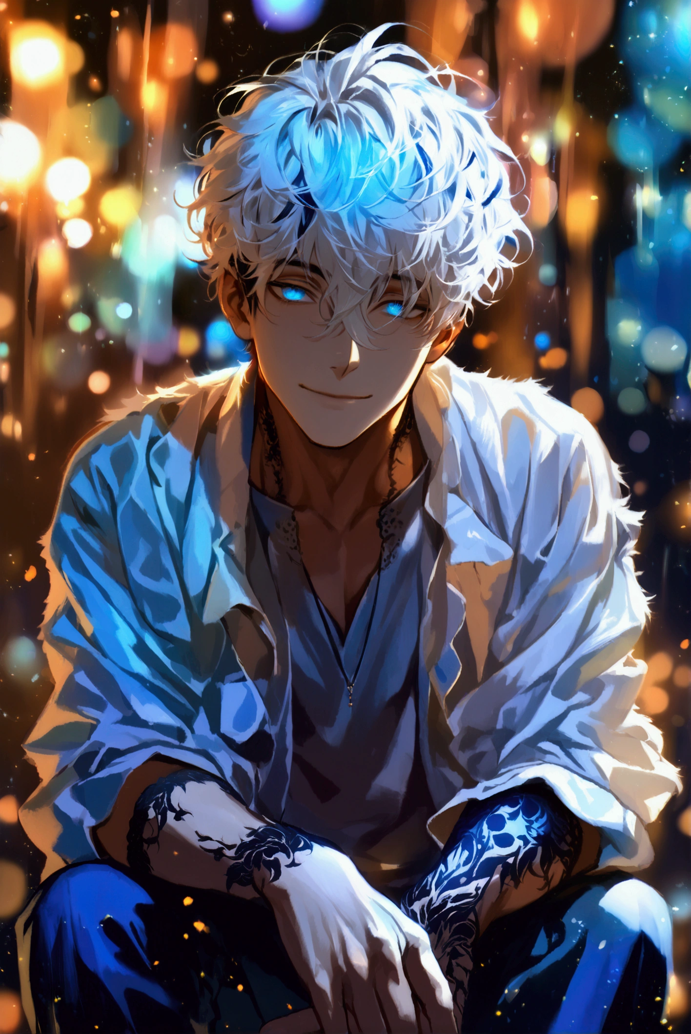 (solo), (1 male), (1 man), (chibi),handsome men, (one man with white hair with dark blue inner hair color, blue eyes), short hair, Loose and fluffy perm ,messy hair,smile,((masterpiece)), (dark background: 1.3), (stylish), dynamic angle, (detailed face, detailed eyes, proportional hands, proportional anatomy), sitting in a relaxed pose, sinister atmosphere,young