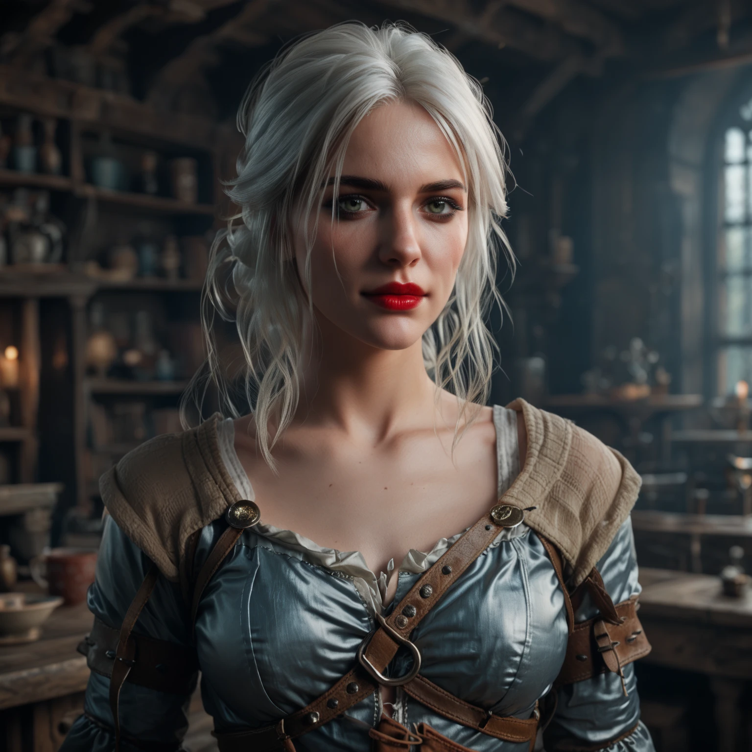 Ciri, white hair, (best quality, Ultra-detailed), (realistic:1.37), beautiful and detailed face, Ultra-realistic texture, Delicate face, Red lipstick, long-lasting colors. high definition, 8k.