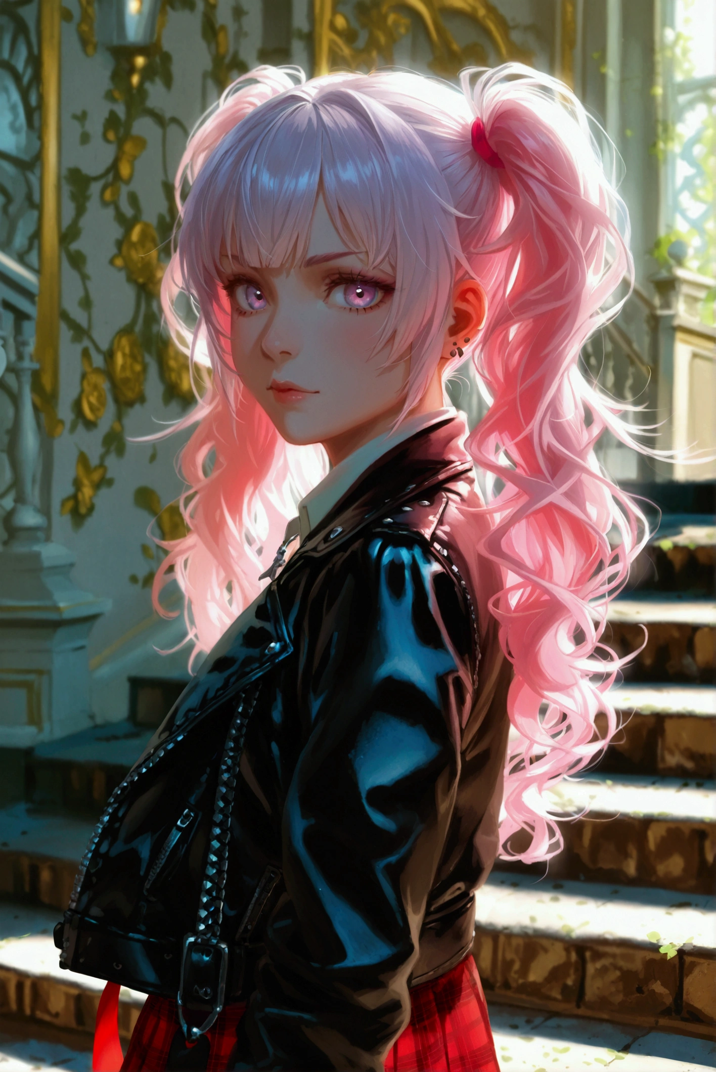  1 beautiful girl、、 Silver Half Twin Tails、 magenta eyes、 small tits、Confident々Nice face 、Punk Clothes 、 black leather jacket、 Red Plaid Skirt 、 Inside a Palace-like Mansion 、In front of the stairs