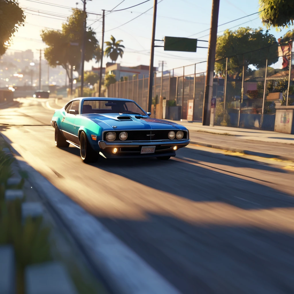 a close up of a car driving on a road near a fence, gta 6 gameplay, gta 6 style, gta v gameplay screenshot, ultra-realistic graphics, video game screenshot>, gta 6, gta 6 leak, gameplay footage, cinematic screenshot gta 5, gta v style, next-gen graphics, realistic unreal engine 3 d game, style of gta v. blurry light particles