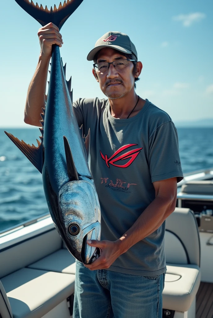 Man bending with his Rod because he caught a Giant Trevally Fish. forcing to pull his rod. man wears cap