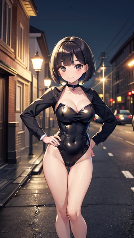 A girl is posing for a photo, cute女の子, 

(((Ultra-high resolution)), ((highest quality)), ((masterpiece)), (Very detailed), (Beautiful sparkle), (Anatomically correct)), ((Realistic)), ((The best CG)), 
CG illustration, Photorealistic:1.37, 8k, 1080P, Anime 2D Rendering,

(((One Girl))), 
(Symmetrical facial features:1.4, Perfect Face), Beautiful clavicle, (Beautiful fingers), (((Beautiful breasts, Small breasts))), Beautiful body, Beautiful thighs, Beautiful legs, Perfect round ass, 
(((Detailed skin, Oily skin, Textured skin, Beautiful white skin:1.4))), 

(((Baby Face, cute, 10 years old))), 
(Droopy eyes, Expression of fine eyes, Beautiful and delicate eyes, Sparkling eyes, Eye Reflexes, Dark Eyes), 
(Beautiful Nose,Thin Nose), 
(Smaller mouth, Glossy lips, Beautiful Lips, Thick lips), 
(Beautiful Hair, Shiny Hair), Hair fluttering, (Black Hair, Perm), 

(Shiny purple bodycon, Micro Dress, Tight Dress)、(Black knee-high stockings)、(Black Long Gloves)、(Black high heels)、
BREAK  

(smile、Embarrassed expression、Blushing), 
(Character Focus, Cowboy Shot),  
((night、bustling street)), 

