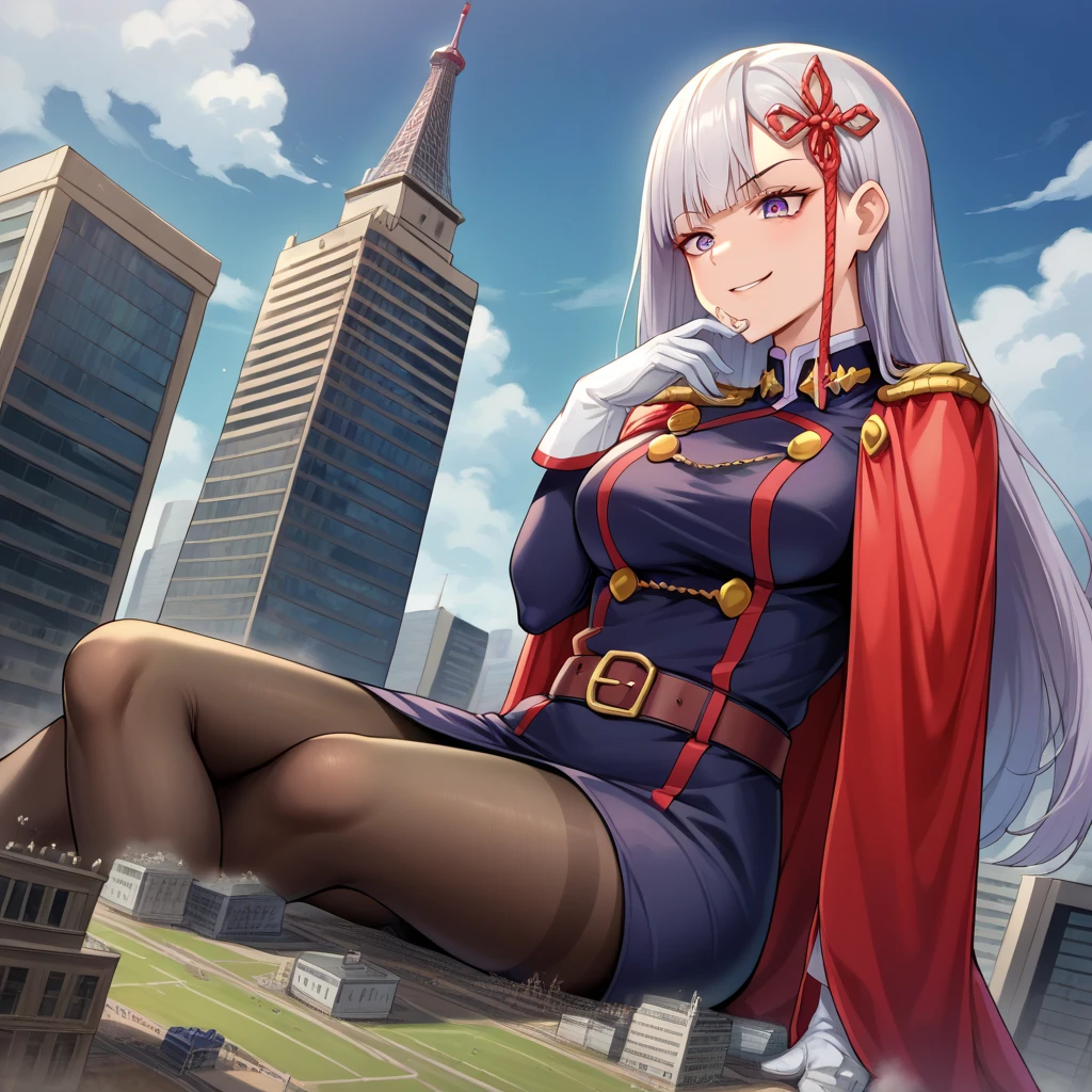 score_9, score_8_up, source_anime, Giantess, gts, 40.000 feet, larger than tower, building background, 1girl, solo, YamashiroRen, long hair, blunt bangs, hair ornament, military uniform, epaulettes, white gloves, red cape, belt, black pantyhose, smirk, sharp