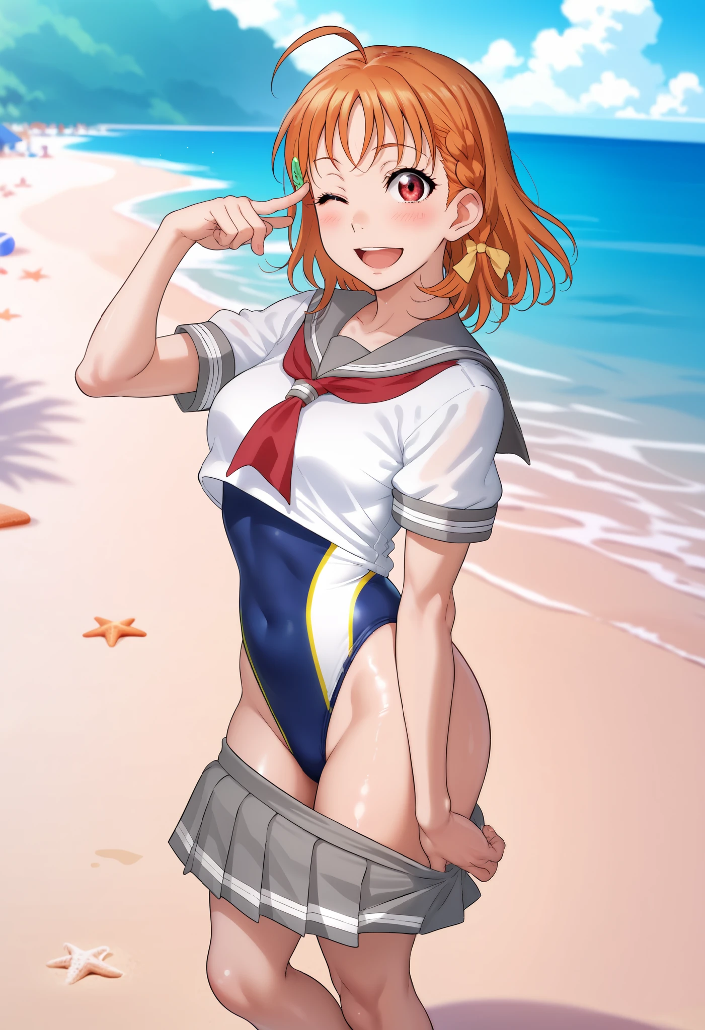 1girl, takami chika, medium hair, orange hair, standing, sporty athletic build, sharp lines, vibrant colors, breasts outlines, sexualized, RUKIA Style, shiny skin, ahoge, blush, braid, grey sailor collar, grey skirt, skirt pulled down,looking at viewer, competition swimsuit under clothes, red eyes, red neckerchief, sailor collar, serafuku, shirt, short sleeves, side braid, smile, solo, open mouth, summer uniform, uranohoshi school uniform, white shirt, yellow bow, standing on beach, playful pose, light breeze, flowing hair,  beach setting, undressing,one eye closed, dynamic pose, shirt lifting