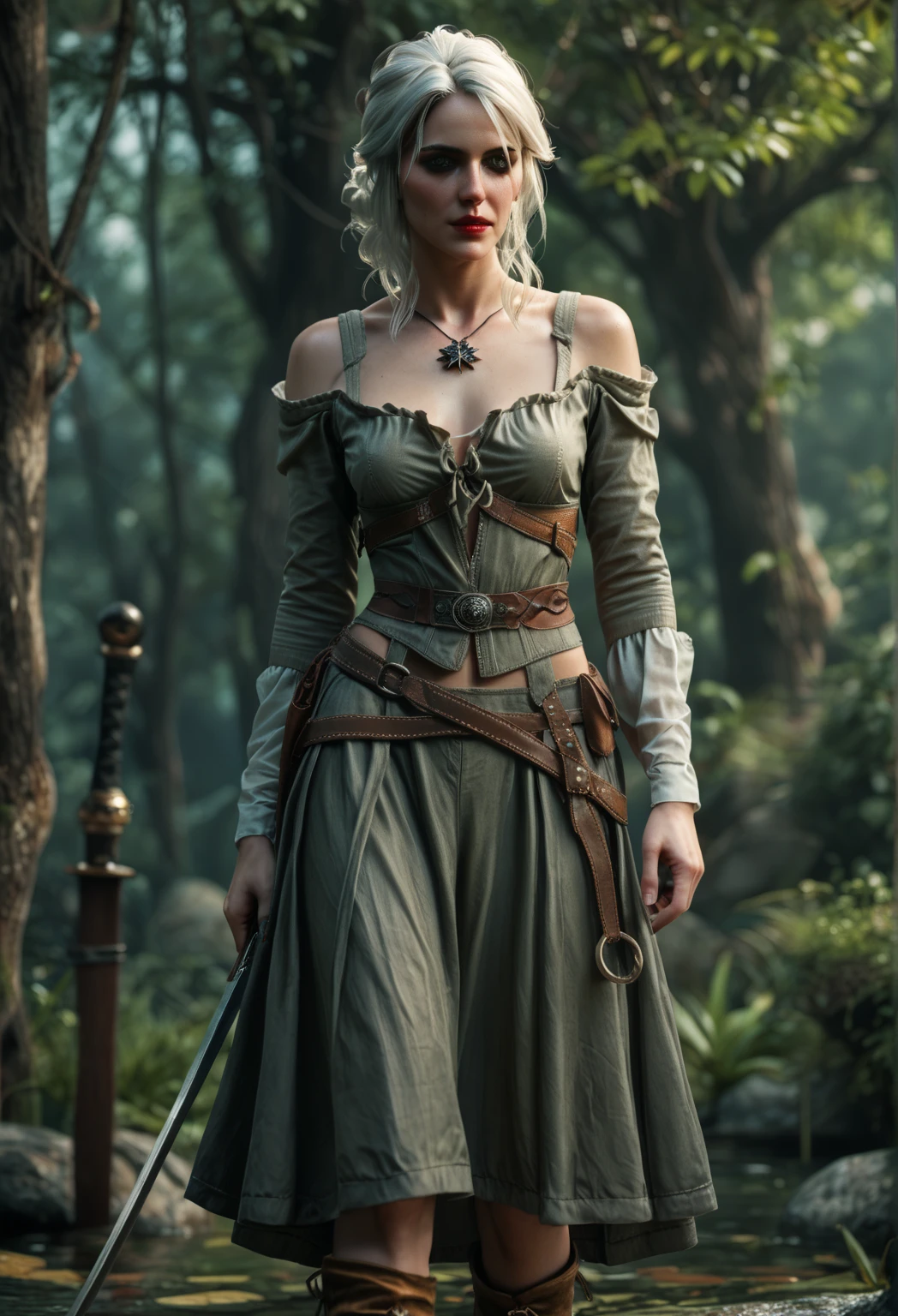 Ciri, white hair, (best quality, Ultra-detailed), (realistic:1.37), beautiful and detailed face, Ultra-realistic texture, Delicate face, Red lipstick, long-lasting colors. high definition, 8k.